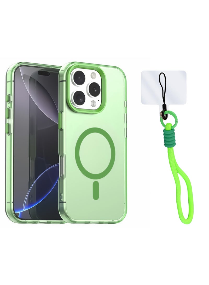 Anti-Yellowing Translucent Matte Phone Case - Flexible TPU Frame & Hard PC Back MagSafe Compatible Cover with Fabric Lanyard For Apple Iphone 16 Pro Max (Green)